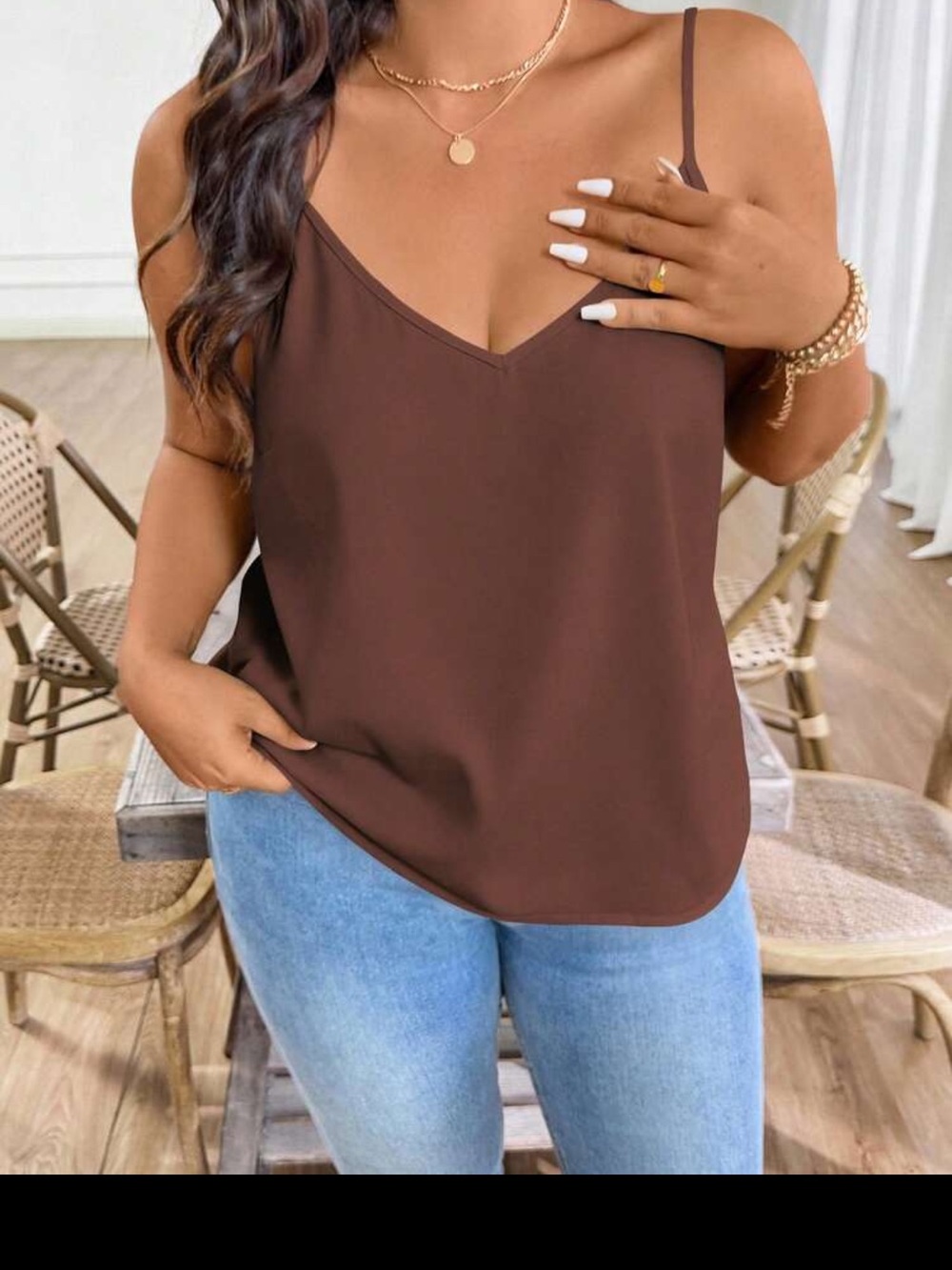 SHEIN Brown V-Neck Spaghetti Strap Cami